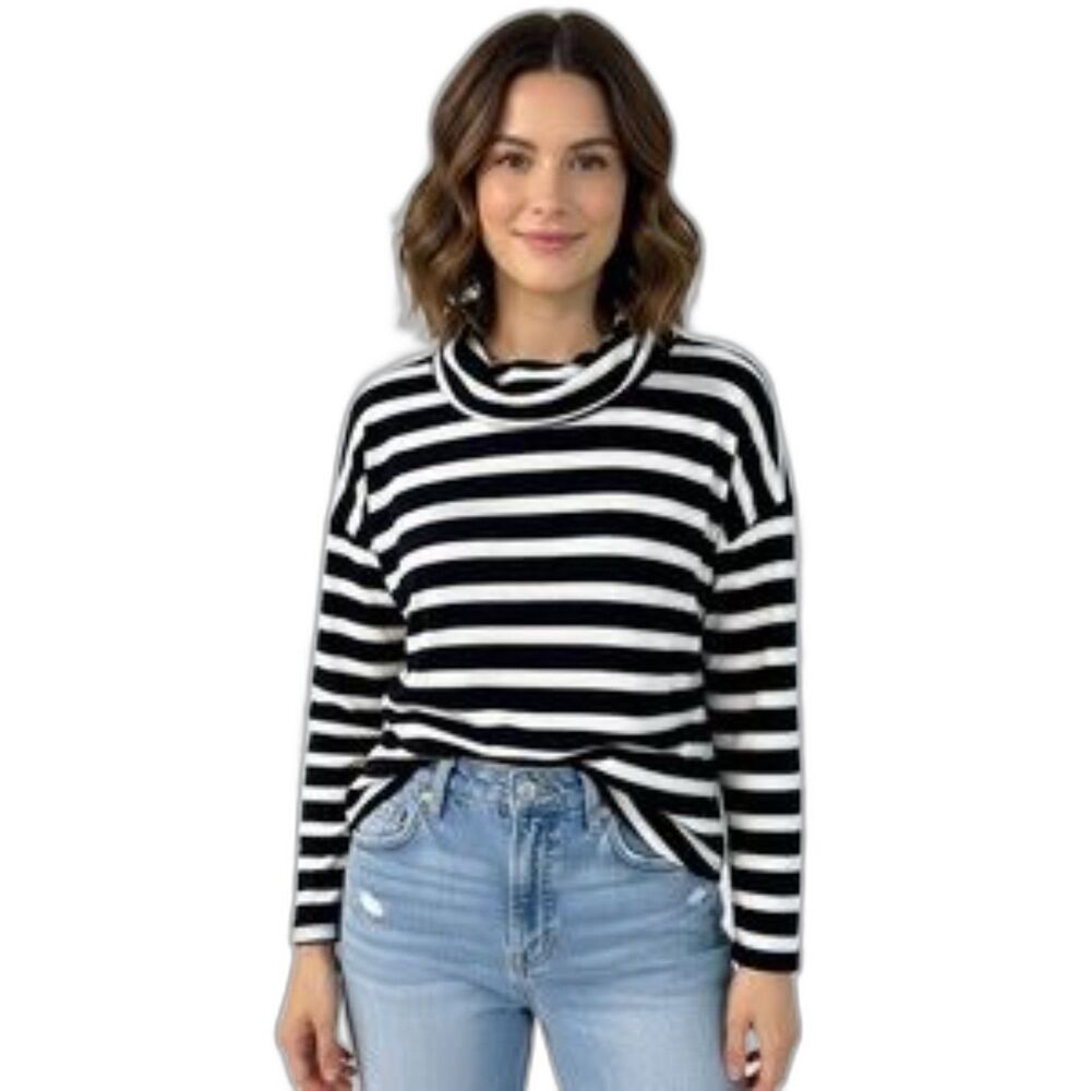 Lou & Grey Black & White Striped Signature Soft 3/4 Sleeve Cowl Neck Shirt Med